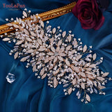 Runhufu HP377 Golden Wedding Hair Accessories Alloy Leaves Bridal Tiara Crystal Side Hair Headpiece Floral Bride Crown Party