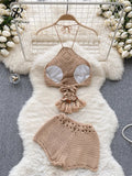 Runhufu Bohemian Knit Two Pieces Suits Women Lace Up Halter Tassel Backless Tops+Hook Flower Hollow Out Shorts Sexy Beach Sets