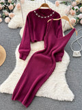 Runhufu Winter Women Knitted Sets Fashion Breading Long Sleeve Pearl Sweater+Knitted Camis Dress Sets Fashion Sweater Suits