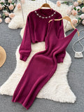 Runhufu Winter Women Knitted Sets Fashion Breading Long Sleeve Pearl Sweater+Knitted Camis Dress Sets Fashion Sweater Suits