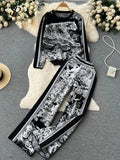 Runhufu Winter Knitted Print Sets Women O Neck Long Sleeve Knitwear+Wide Leg Long Pants Fashion Retro Sweater Two Pieces Suits