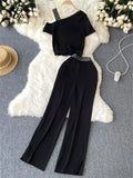 Runhufu Vacation Casual Sports Suits Summer Off Shoulder Short Camis Tops+High Waist Wide Leg Pants Women Y2K Two Pieces Sets