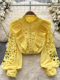 Runhufu French Style Casual Embroidery Blouse Women Long Sleeves Pearl Shirt Fashion Ruffles Cotton Hollow Out Loose Top