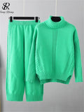Runhufu Women Casual Fashion Sweater Sets Turtleneck Loose Thick Knit Top+Elastic Wide Leg Long Pants Winter Two Pieces Suits
