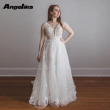 Runhufu Classic Deep V Neck Wedding Dresses Appliques Tulle Backless A Line Sleeveless Sweep Train Vestido De Casamento