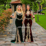 Runhufu robe Green Burgundy Velvet Mermaid Evening Dresses for Women Gold Appliques Luxury Arabian Formal Prom Dress with Slit