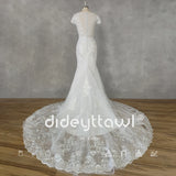 Runhufu Real Picture Deep V-Neck Appliques Cap Sleeves Tulle Mermaid Wedding Dress Illusion Back Court Train Bridal Gown