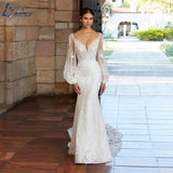 Runhufu NICEB Sexy Mermaid Wedding Dress For Women 2024 V-Neck Open Back Puff Sleeves Gowns Lace Appliques Tulle Boho Robe Mari¨¦e