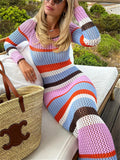 Runhufu Hollow Out Knit Crochet Beach Long Dress Casual Holiday Party Wear Striped Long Sleeve Round Neck Wrap Dress Women