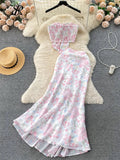 Runhufu Vacation Beach Style Two Pieces Suits Strapless Halter Chain Mini Tank+Bodycon Fishtail Skirt Fashion Floral Sexy Sets