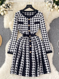 Runhufu Houndstooth Knitted A Line Dress O Neck Full Sleeve Buttons Women Korean Style Streetwear Fashion Winter Sweater Dress