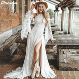 Runhufu Halter Lace Beach Boho Wedding Dresses Flare Sleeves High Split Summer Flowying Train Backless Bridal Gowns Custom Size