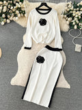 Runhufu Floral Design Knitted Suits O Neck Loose Pullover+Midi Bodycon Skirt Korean Style Women Autumn Casual Sweater Sets