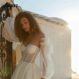 Runhufu The Shoulder Princess Wedding Dress Puff Sleeve Lace Sweetheart Neck Boho Bride Dress Side Split Wedding Gowns vestido novia