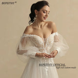 Runhufu Boho Ivory Wedding Dresses For Women 2024 Bride Deep Neck Sexy Full Sleeves A Line Glitter Bridal Gowns Sweep Train New