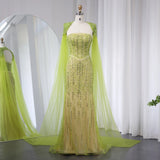 Runhufu Said Luxury Beaded Mermaid Lime Green Evening Dress with Cape Sleeves Elegant Arabic Women Wedding Party Prom Dress SS443