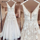 Runhufu Bohemian Wedding Dresses V-Neck Appliques Lace A-Line Beach Princes Wedding Bridal Gown 2024 Plus Size