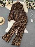 Runhufu Leopard Vinage Casual Autumn Suits Loose Folds Lapel Blouse Tops+Wide Leg Long Pants Streetwear Women Two Pieces Suits