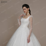 Runhufu Shinny Ivory Square Bride Wedding Dresses For Women Long Sleeves Glitter Open Back Bridal Modern Ball Gown 2024 Spring