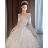 runhufu Long Sleeve Beading Wedding Dress Sexy See Through Square Collar Luxury Sweep Train Winter Bridal Gowns Vestido De Noiva