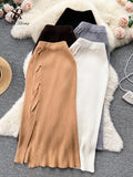 Runhufu Women Solid OL Knitted Skirt 2024 Temperament High Waist Cross Design Fashion Bodycon Winter Midi Long Sweater Skirt