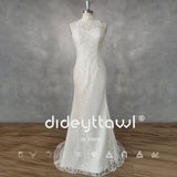 Runhufu Real Picture High-Neck Sleeveless Lace Mermaid Wedding Dress Cut Out Back Sweep Train Bridal Gown Custom Made