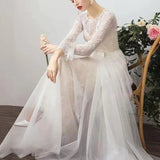 Runhufu Simple Bridal Dress With Bow Belt Classic O-neck Wedding Dresses With Long Sleeve Elegant Lace Tulle A Line Robe De Marie