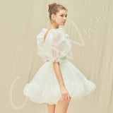 Runhufu Princess Wedding Dresses Tulle Short Mini Bridal Ball Gowns Puff Sleeves A-Line Ruffle Bride Robes Vestidos De Novia