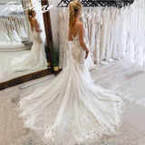 Runhufu Spaghetti Straps Wedding Dresses V-Neck Mermaid Sleeveless Backless Bride Gown Lace Appliques Zipper Vestidos De Noiva