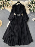Runhufu Vintage Senior Pleated Dress V Neck Lantern Sleeve Zipper Bow Diamonds High Quality Lady France Elegant A Line Dress