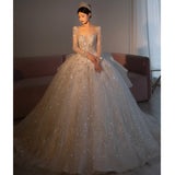 runhufu Long Sleeve Beading Wedding Dress Sexy See Through Square Collar Luxury Sweep Train Winter Bridal Gowns Vestido De Noiva