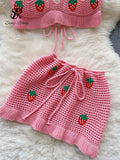 Runhufu Strawberry Sweet Beach Two Pieces Sets Halter Backless Camis+Short Skirts Fashion Hook Flower Hollow Out Beach Suits