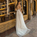 Runhufu Lace Wedding Dresses 2023 Women's Deep V Neck Beach Wedding Dresses Boho Floor Length Glamorous Plus Size Bridal Dresses
