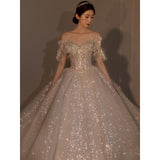 Runhufu Off The Shoulder Wedding Dress Big Butterfly 2023 New Bride Dress Beading Shiny Big Ball Gown Long Train Vestido De Noiva