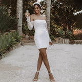 Runhufu Long Sheer Sleeves Mini Fitted Wedding Dress Corset Boning Glitter Custom Made Ruched Beading Engagement Bridal Gowns