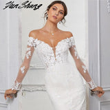 Runhufu Off The Shoulder Wedding Dresses V-Neck Tulle Lace Appliques Mermaid Bride Gowns Button Zipper Train Vestidos De Noiva
