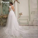 Runhufu 3D Flowers Lace Detachable Train Mini Short Wedding Dress V Neck Backless Cap Sleeves High Low Bridal Gown Above Knee