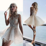 Runhufu Line Beach Wedding Dresses Jewel Neck Sleeveless Hand Made Flowers Appliques Tulle Wedding Dresses Short Boho Bridal Gowns