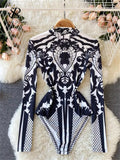 Runhufu Design Autumn New Print Rompers Women Stand Collar Long Sleeve Slim Jumpsuits Chic Fashion Sexy Bodycon Short Bodysuit