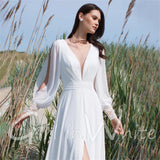 Runhufu Wedding Dresses For Women 2024 A-Line Chiffon Bridal Gowns Long Sleeves V-Neck Floor Length Robes Vestidos De Novia