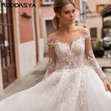Runhufu Princess Wedding Dresses Boho Style Illusion Long Sleeves Scoop Bride Gowns Lace Applique A-Line vestidos de novia