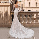 Runhufu Sexy Mermaid Wedding Dresses O-Neck Long Sleeve Exquisite Lace Bride Gown Appliques Backless Zipper Vestidos De Noiva