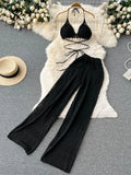 Runhufu Women Summer Design Knitted Set Sexy Backless Halter Short Tops+Chic Hollow Knitted Wide Leg Long Pants Two Piece Suit