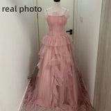 Runhufu A Line Wedding Dresses Fashion Spaghetti Straps Evening Dress With Small Train Sweet Pink Tulle Sukienka Na Wesele