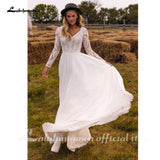 runhufu Chiffon V Neck Long Sleeve Bridal Dress Sweep Train Lace Open Back Bohemian Boho Beach Wedding Dress Wedding Gown