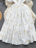 Runhufu Fashion Sweet Long Sundress Women Square Collar Short Puff Sleeves Embroidery Floral Ruched Zipper Beach Style Dress