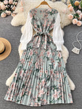 Runhufu Ethnic Style Print Dress Women Spring New Fashion Puff Sleeve Lace-up Design Sheath 2024 Retro A-Line Long Dress