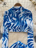 Runhufu Fashion Zebra Print Sexy Suits 2024 Stand Collar Long Sleeves Short Top+Bodycon Mini Skirt Sensual Beach Slim Sets