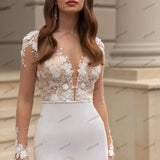 Runhufu Wedding Dresses Simple Bridal Gowns Satin Sheath Mermaid Lace Appliques Full Sleeves V-Neck Backless Vestidos De Novia