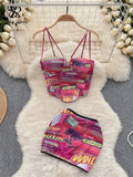 Runhufu American Retro Hotsweet Print Suits Women Spaghetti Strap Strapless Backless Camis+ Skinny Mini Skirt Two Pieces Sets